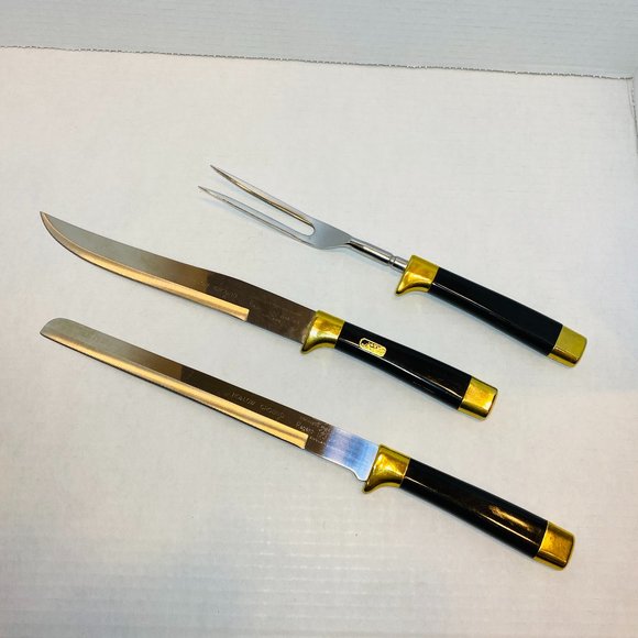 Vintage Regent Sheffield Carving 3 pc Knives Hollow Ground Stainless 24K Gold Pl - Picture 1 of 6